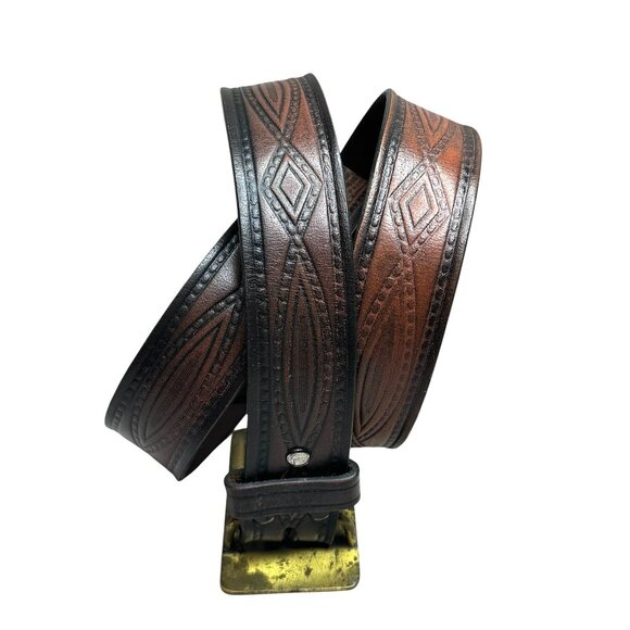 Vintage Wrangler Mowogo Lodge Brass Buckle Brown & Black Tooled Detachable Leath - Picture 2 of 11